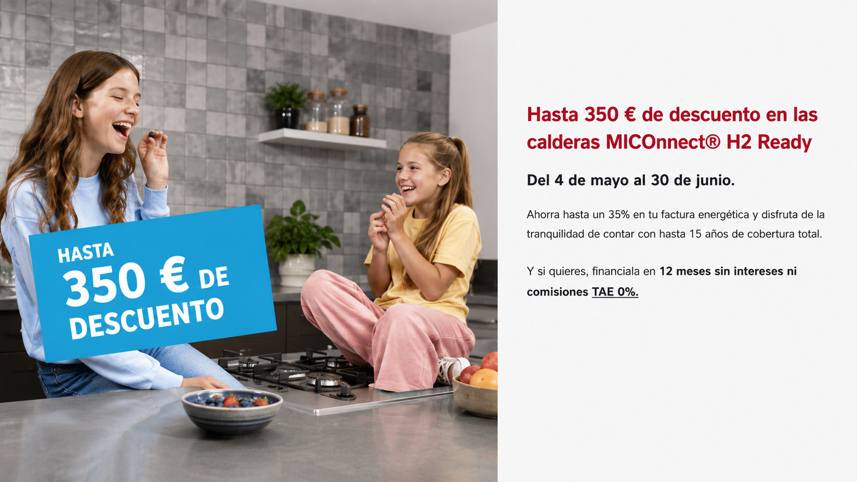 Saunier Duval — Hasta 350€ de descuento en calderas MiConnect H2 Ready. Del 4 de mayo al 30 de junio 2026.